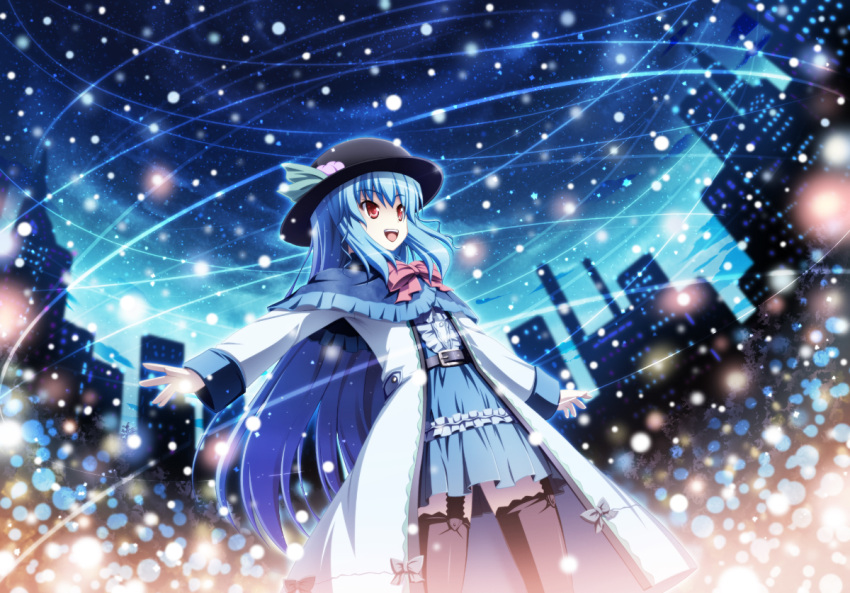 :d akashio_(loli_ace) alternate_costume belt black_legwear blue_hair bow bowtie building capelet cityscape dress garter_straps gloves hat hinanawi_tenshi long_hair open_mouth outstretched_arms red_eyes short_hair skirt sky smile snow snowing solo thigh-highs thighhighs touhou very_long_hair