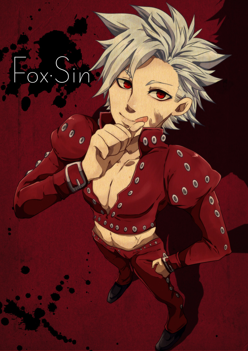 1boy absurdres ban_(nanatsu_no_taizai) highres jacket leather_jacket looking_at_viewer nanatsu_no_taizai red red_background red_eyes rokumu scar shoes short_hair silver_hair solo tongue