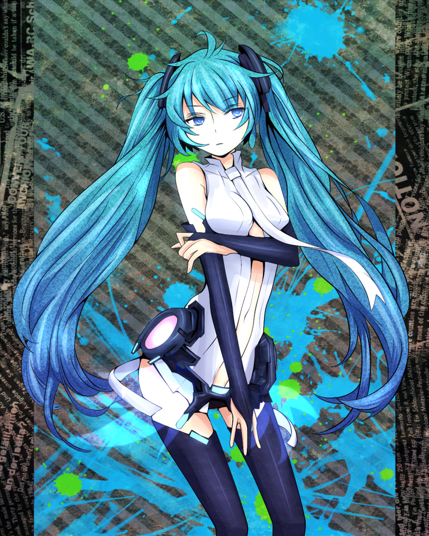 aqua_hair background_text between_breasts blue_eyes breasts bridal_gauntlets center_opening colored hatsune_miku hatsune_miku_(append) highres langjiao long_hair miku_append navel necktie siting_zeng solo thigh-highs thighhighs twintails very_long_hair vocaloid vocaloid_append