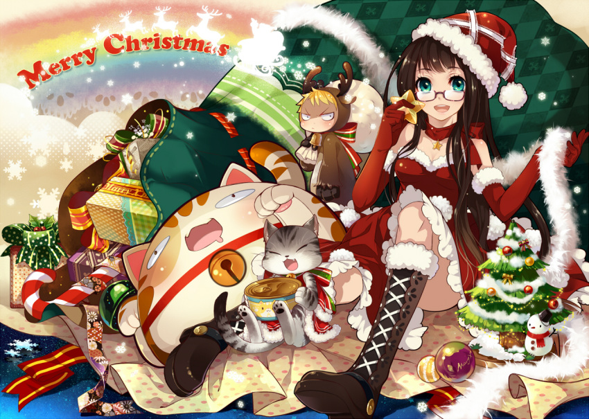 1girl :d animal animal_costume aqua_eyes argyle bell blonde_hair boots bow brown_hair candy_cane cat cat_food choker christmas christmas_tree elbow_gloves food glasses gloves green_eyes hat holding lc_hi_ji long_hair looking_at_viewer merry_christmas open_mouth original rainbow red_gloves reindeer_costume sack saiyki santa_hat sitting smile snow snowman star stars