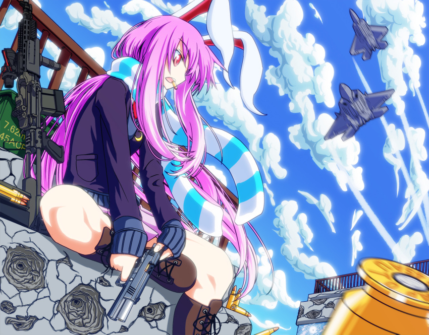 adapted_costume airplane ammunition animal_ears assault_rifle blue_sky boots bullet bullet_hole bunny_ears cloud crescent cross-laced_footwear f-22 fence fighter_jet flying gun holding jet knee_boots long_hair magazine_(weapon) mueojisan necktie open_mouth pistol purple_hair red_eyes reisen_udongein_inaba rifle scarf sitting skirt sky solo striped striped_scarf sweater sweater_vest touhou weapon