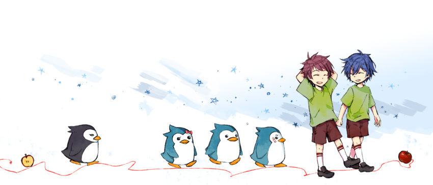 apple bad_id bird blue_hair child closed_eyes esmeralda_(mawaru_penguindrum) eyes_closed food fruit karasmo mawaru_penguindrum multiple_boys penguin penguin_1-gou penguin_2-gou penguin_3-gou red_hair red_string redhead short_hair shorts spoilers string takakura_kanba takakura_shouma young