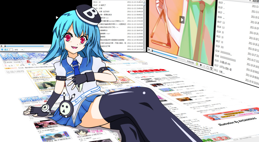 1girl arm_support ashammas belt bili_bili_douga bili_girl_22 bili_girl_33 bili_girl_33_(cameo) black_legwear blue_hair cameo chinese cube_x_cursed_x_curious dark_persona derivative_work desktop fear_kubrick fingerless_gloves gloves hand_on_another's_chest hand_on_another's_chest hat highres instrument necktie open_mouth red_eyes sitting skirt solo thigh-highs thighhighs triangle_(instrument)