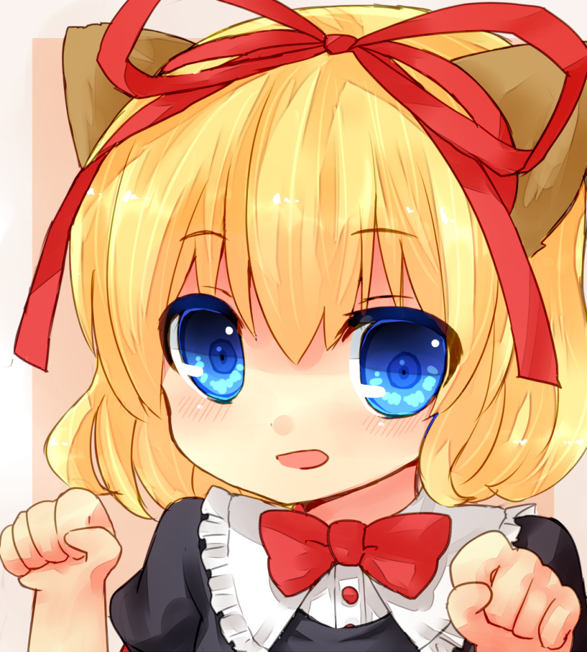 animal_ears bad_id blonde_hair blue_eyes blush bow cat_ears hair_bow highres kemonomimi_mode looking_at_viewer medicine_melancholy open_mouth paw_pose portrait sad_fuka short_hair solo touhou