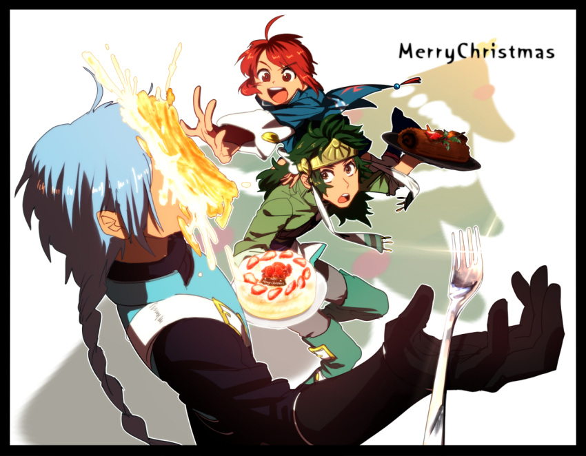 armor blue_hair cake christmas christmass food fork fruit gloves green_hair koredemoka male mao_(tor) merry_christmas multiple_boys ponytail red_hair redhead serori_(koredemoka) strawberry tales_of_(series) tales_of_rebirth tytree_crowe veigue_lungberg