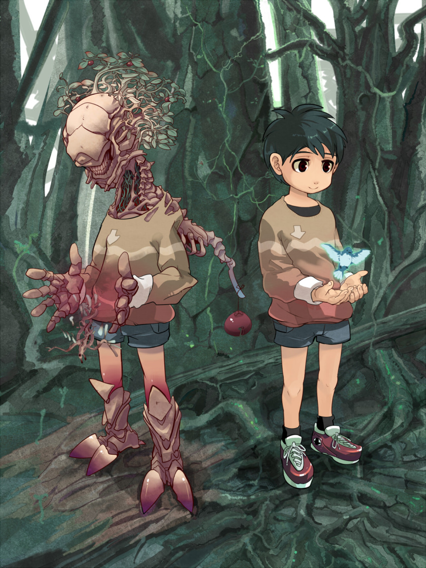 bird black_eyes black_hair bone forest highres leaf mononoke_(empty) monster multiple_boys nature original plant short_hair teeth tree