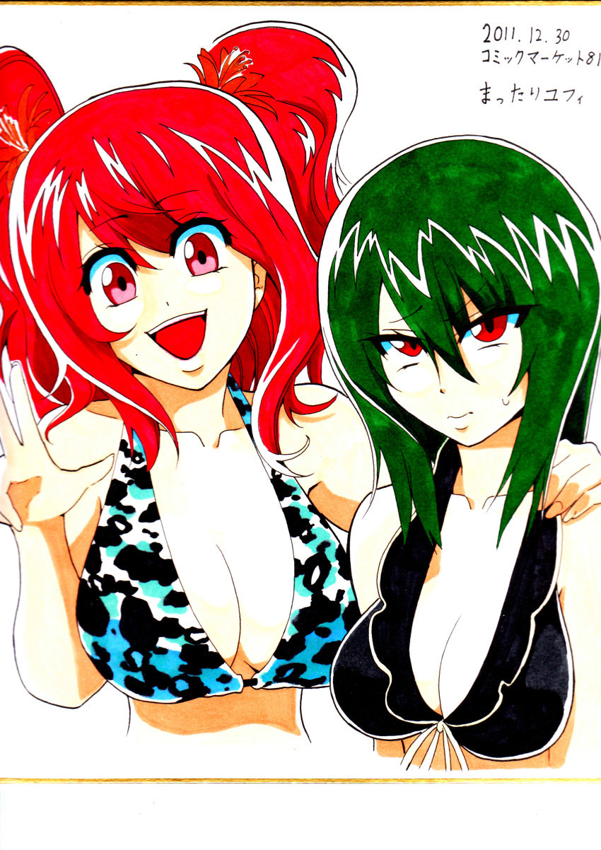 absurdres bikini_top breasts bust cleavage front-tie_top hand_on_shoulder highres kazami_yuuka large_breasts marker_(medium) mattari_yufi multiple_girls onozuka_komachi open_mouth pink_eyes red_eyes red_hair redhead shikishi short_hair short_twintails smile swimsuit touhou traditional_media twintails two_side_up youkai