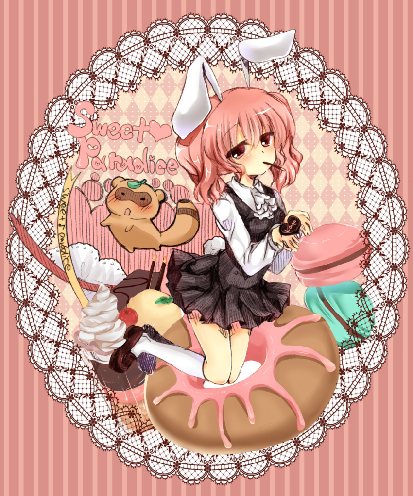 1girl blush candy doughnut engrish food frame heart highres inu_x_boku_ss pink_eyes pink_hair ranguage roromiya_karuta skirt solo suzune_rena tanuki