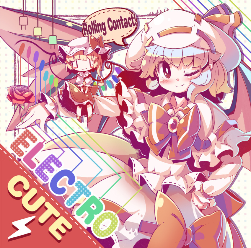 album_cover bat_wings blonde_hair blue_hair blush blush_stickers bow brooch cover flandre_scarlet hat hat_ribbon jewelry multiple_girls red_eyes remilia_scarlet ribbon shirt siblings sisters skirt smile takahero touhou v_arms wings wink |_|