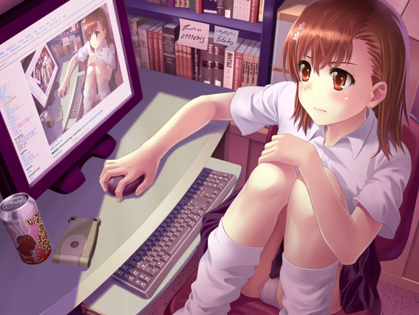 blush brown_eyes brown_hair computer danbooru_(site) english highres leg_warmers meta misaka_mikoto misakamitoko0903 monitor mouse panties pantyshot pantyshot_sitting profanity recursion short_hair sitting solo to_aru_kagaku_no_railgun to_aru_majutsu_no_index truth underwear