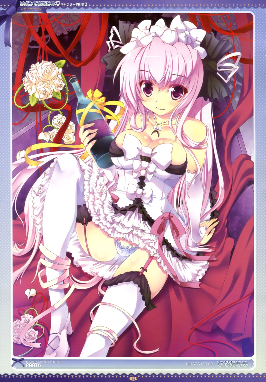 absurdres arm_support bare_shoulders breasts bridal_gauntlets cleavage fang flower garter_straps gloves headdress high_heels highres hinata_momo jewelry lace_panties leg_up minidress necklace original panties pantsu pantyshot pantyshot_(sitting) pantyshot_sitting pink_eyes pink_hair ribbon rose shoes sitting smile solo thigh-highs thighhighs underwear white_gloves white_legwear white_panties wine