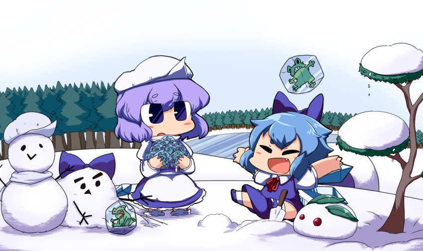 apron blue_eyes blue_hair blush_stickers bow chibi cirno closed_eyes eyes_closed forest frog frozen hair_bow hat ice_block lake letty_whiterock multiple_girls nature nura_(oaaaaaa) outstretched_arms perfect_cherry_blossom scarf short_hair sitting snow_bunny snowman touhou tree wings