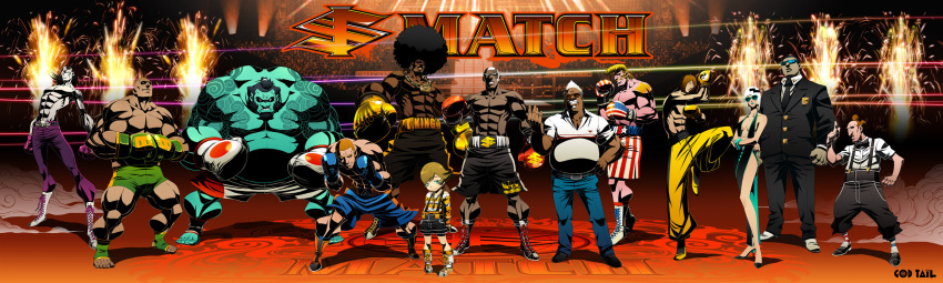 6+boys abs absurdres afro akebo_(dollar_match) american_flag andy_(dollar_match) bob_(dollar_match) boxing boxing_gloves character_request cross dark_skin dollar_(dollar_match) dollar_match facial_hair glasses godtail green_skin highres joker_(dollar_match) king_(dollar_match) lee_(dollar_match) long_image male manly money multiple_boys muscle mustache original pompadour queen_(dollar_match) rock_(dollar_match) scar shirtless shorts smoke sumo sumo_wrestler sunglasses tattoo white_hair wide_image yin_yang