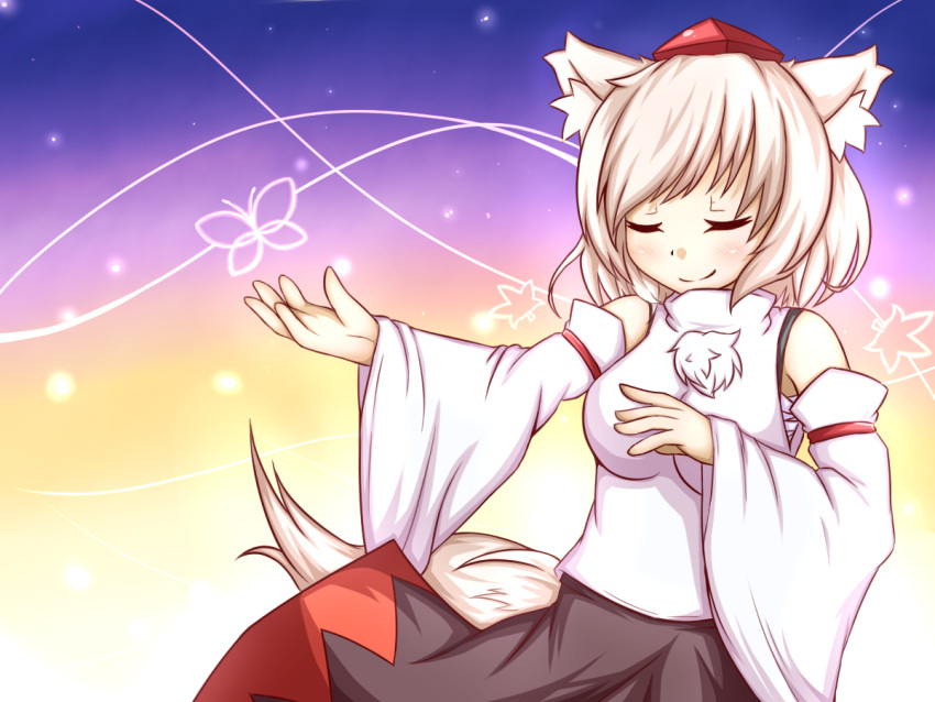 animal_ears breasts chikinman closed_eyes detached_sleeves eyes_closed hat high_collar inubashiri_momiji outstretched_arm short_hair skirt smile solo tail tokin_hat touhou wolf_ears wolf_tail