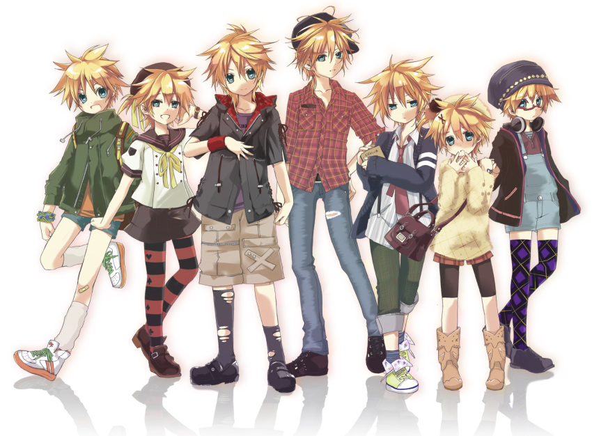 bag bandaid bespectacled blonde_hair blue_eyes boots casual child crossdressinging glasses hair_ornament hairclip hat headphones headphones_around_neck hekicha jacket jeans kagamine_len male multiple_boys multiple_persona necktie overalls pantyhose plaid purse ribbon school_uniform shorts simple_background skirt striped striped_legwear thigh-highs thighhighs time_paradox trap vocaloid zettai_ryouiki