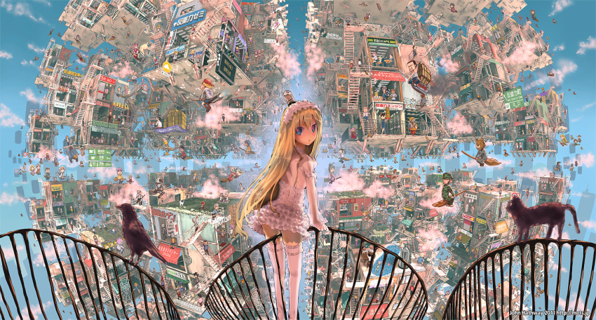 between_thighs bird blonde_hair blue_eyes broom cat cityscape cloud fantasy fisheye hairband heart heart-shaped_pupils intricate_background john_hathway long_hair looking_back original railing science_fiction sky solo symbol-shaped_pupils thigh-highs thighhighs thighs vacuum_tube vehicle zettai_ryouiki