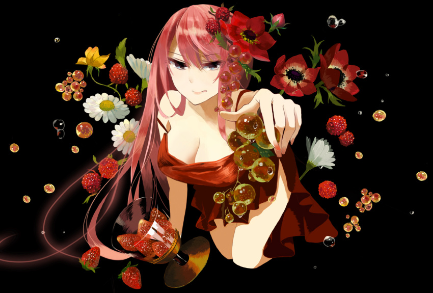 :q all_fours asakaya blue_eyes breasts cleavage fingernails flower food food_as_clothes foreshortening fruit grapes hair_flower hair_ornament long_hair looking_at_viewer megurine_luka pink_hair solo tongue vocaloid