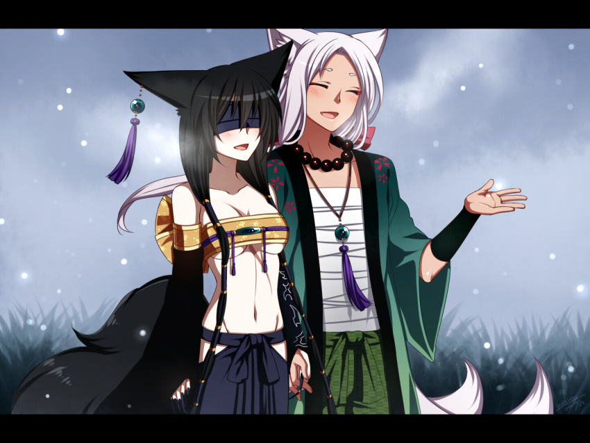 1girl animal_ears bandeau black_hair blindfold blush breasts breath closed_eyes copyright_request detached_sleeves eyes_closed fox_ears fox_tail hakama holding_hands japanese_clothes konshin long_hair navel open_mouth pale_skin snowing tail underboob white_hair