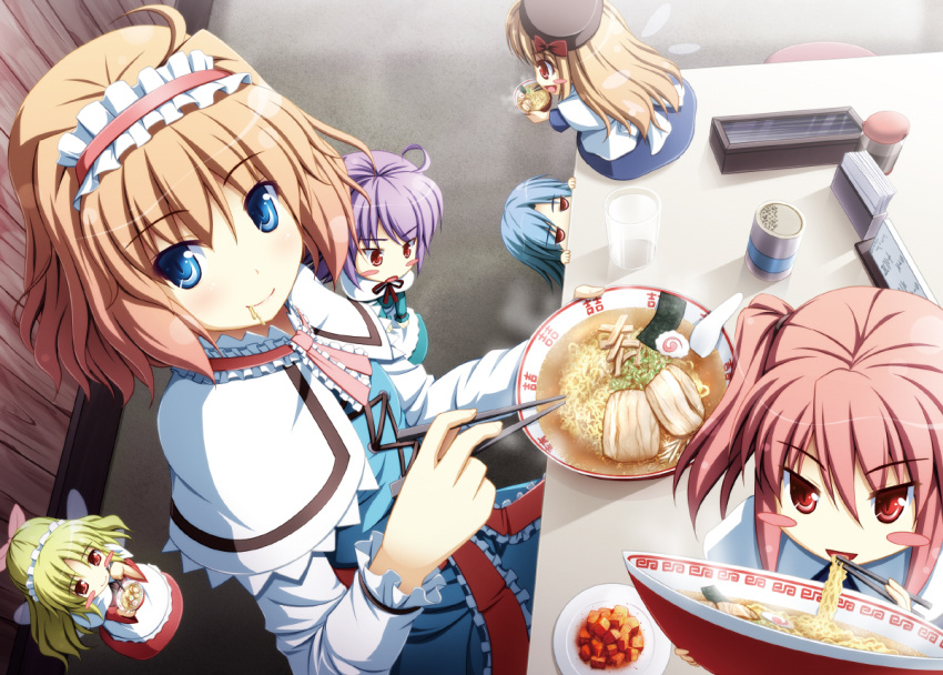ahoge akashio akashio_(loli_ace) alice_margatroid apron blonde_hair blue_eyes blue_hair blush blush_stickers bow bowl brown_hair capelet chopsticks cube doll dress eating floor food food_in_mouth hair_bow hairband holding lavender_hair long_hair long_sleeves looking meat naruto_(food) noodles nori_(seaweed) open_mouth peeking_out perspective pink_hair purple_hair ramen red_eyes red_hair redhead ribbons salt_shaker sash shanghai_doll short_hair sitting smile solo table tissue touhou twintails wings
