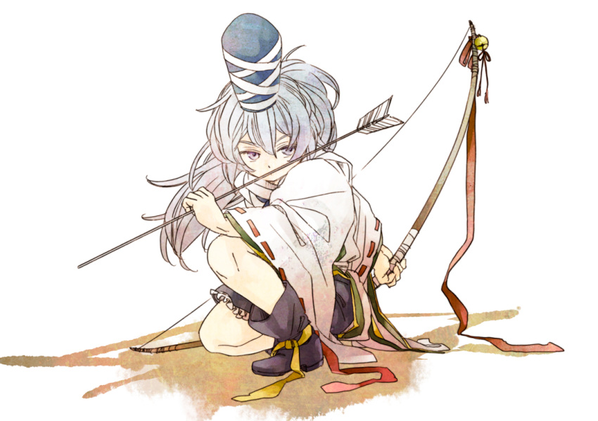 arrow bell bow_(weapon) ecopost grey_hair hat japanese_clothes kariginu long_hair mononobe_no_futo one_knee ponytail purple_eyes ribbon silver_hair solo tate_eboshi touhou violet_eyes weapon