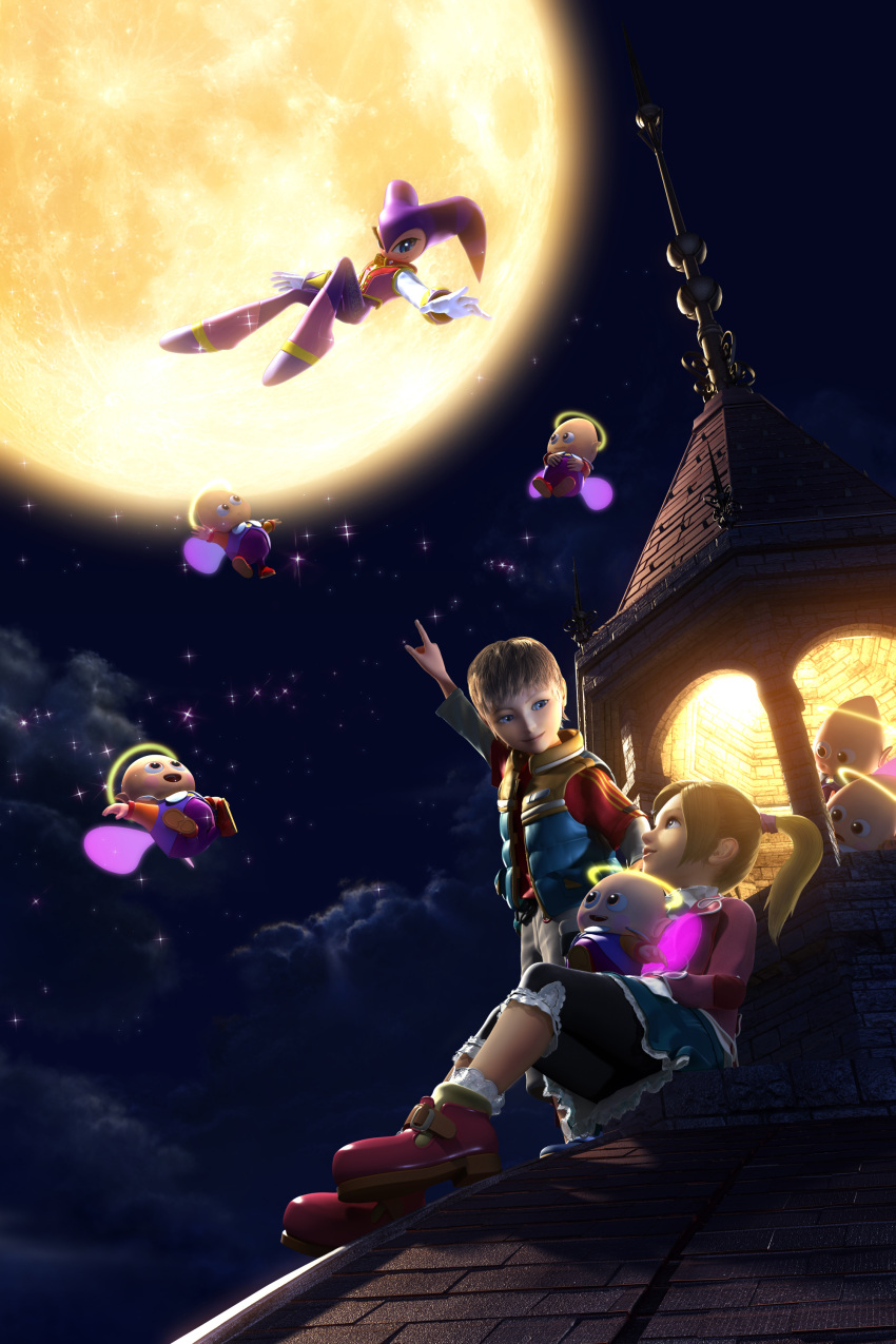 blonde_hair blue_eyes clouds flying frills full_moon halo happy helen_cartwright jacket jester jester_hat jewels night nightopian nights nights_journey_of_dreams official_art open_mouth orange_eyes pointing ponytail sega shirt shoes short_hair sitting skirt stars trousers white_gloves william_taylor wings