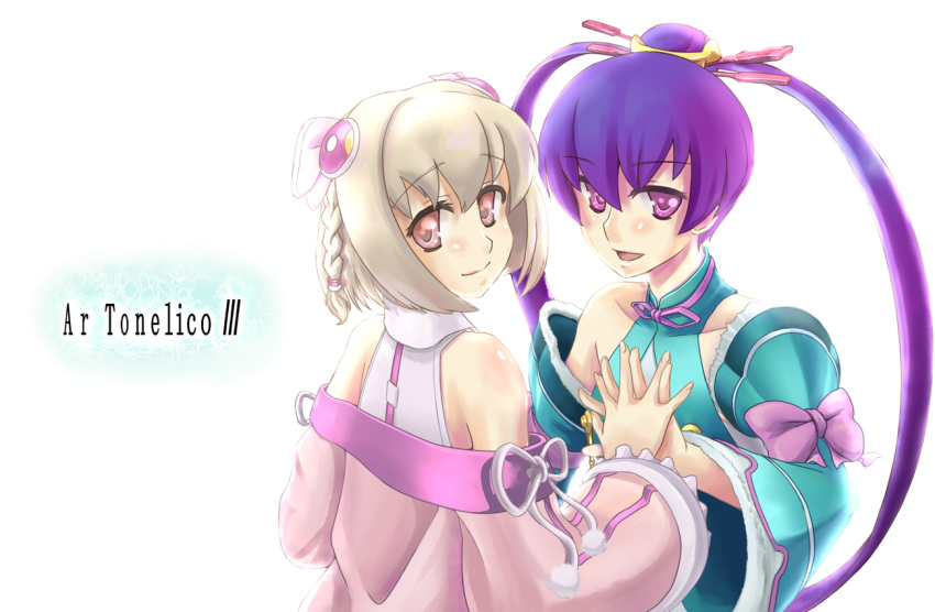 ar_tonelico ar_tonelico_iii blonde_hair bow braid detached_sleeves finnel gust hair_ornament hand_holding holding_hands long_hair multiple_girls pink_eyes purple_eyes purple_hair saki_(ar_tonelico) short_hair smile tsukeyakiba twin_braids twintails violet_eyes