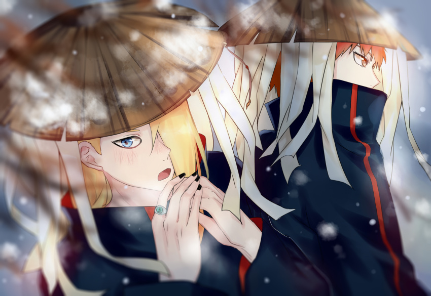 2boys a578699321 akatsuki_uniform asymmetrical_bangs black_eyeliner black_nails blonde_hair blush cold deidara_(naruto) eyeliner hat highres jewelry long_hair looking_at_viewer looking_to_the_side makeup male_focus multiple_boys naruto_(series) naruto_shippuuden red_eyes red_hair ring robe sasori_(naruto) short_hair snow snowflakes straw_hat winter