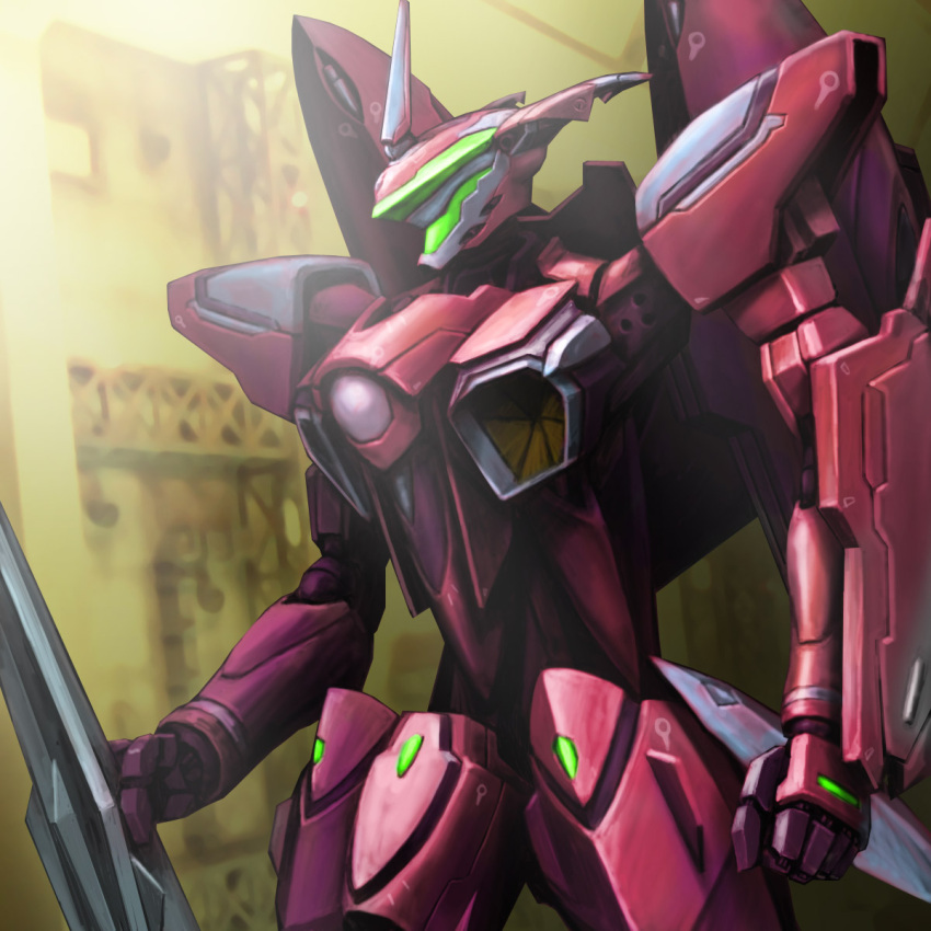 brera_sterne gun hangar highres macross macross_frontier mecha rifle shield vf-27 weapon