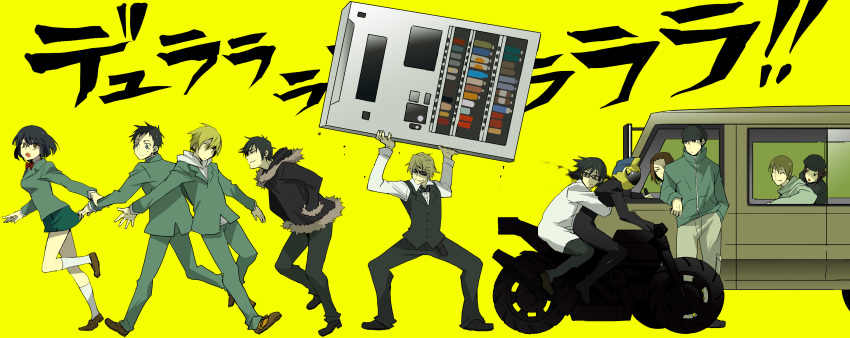 celty_sturluson dragging driving durarara!! fujimura_(marina) fujimura_(pixiv43753) glasses hand_in_pocket heiwajima_shizuo highres hug kadota_kyouhei karisawa_erika kida_masaomi kishitani_shinra motor_vehicle motorcycle orihara_izaya ryuugamine_mikado school_uniform skirt_tug sonohara_anri sunglasses togusa_saburou truck vehicle vending_machine yumasaki_walker