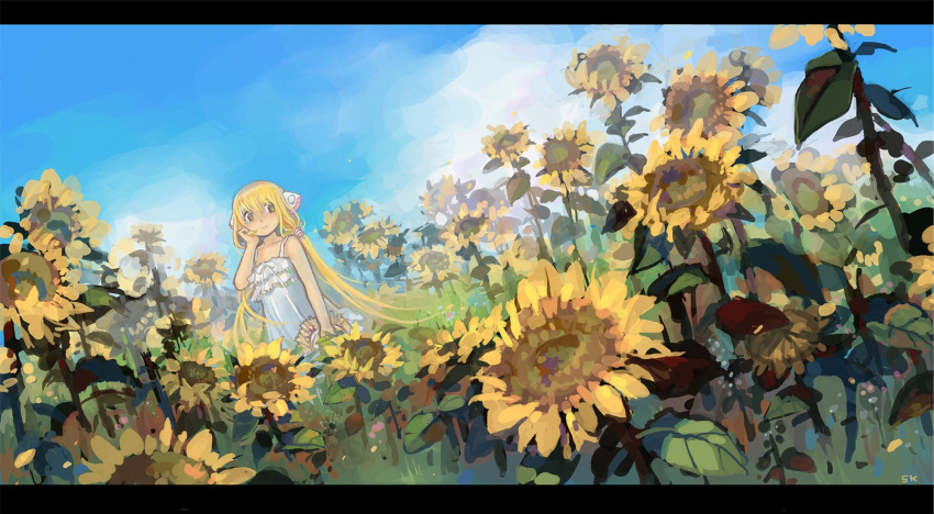 chii chobits dress flower flower_field from_below hand_on_own_cheek hand_on_own_face hat highres letterboxed robot_ears sky smile sundress sunflower white_dress