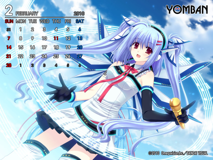 blue_hair calendar cloud clouds elbow_gloves fang february gloves long_hair microphone musical_note nishimata_aoi red_eyes skirt sky thigh-highs thighhighs twintails wings yomban