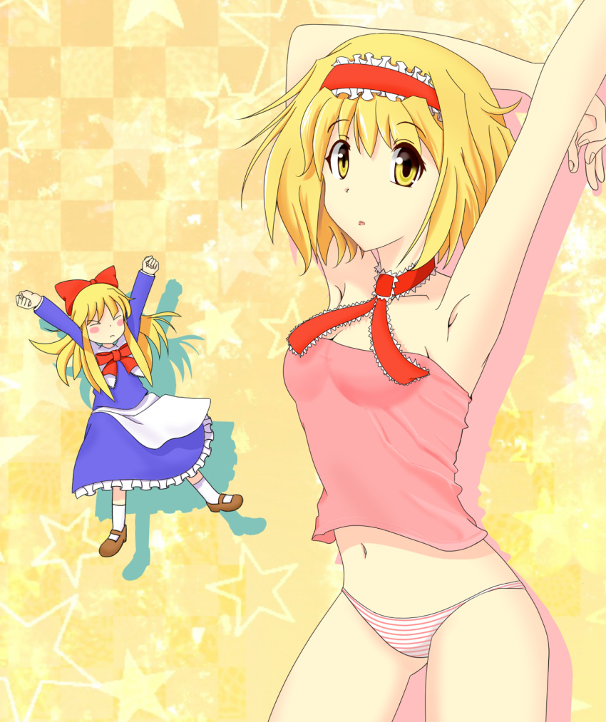 armpits arms_up bad_id blonde_hair blush_stickers bow closed_eyes doll dress hair_bow hairband highres mary_janes odero panties shanghai_doll shoes socks star striped striped_panties touhou underwear yellow_eyes