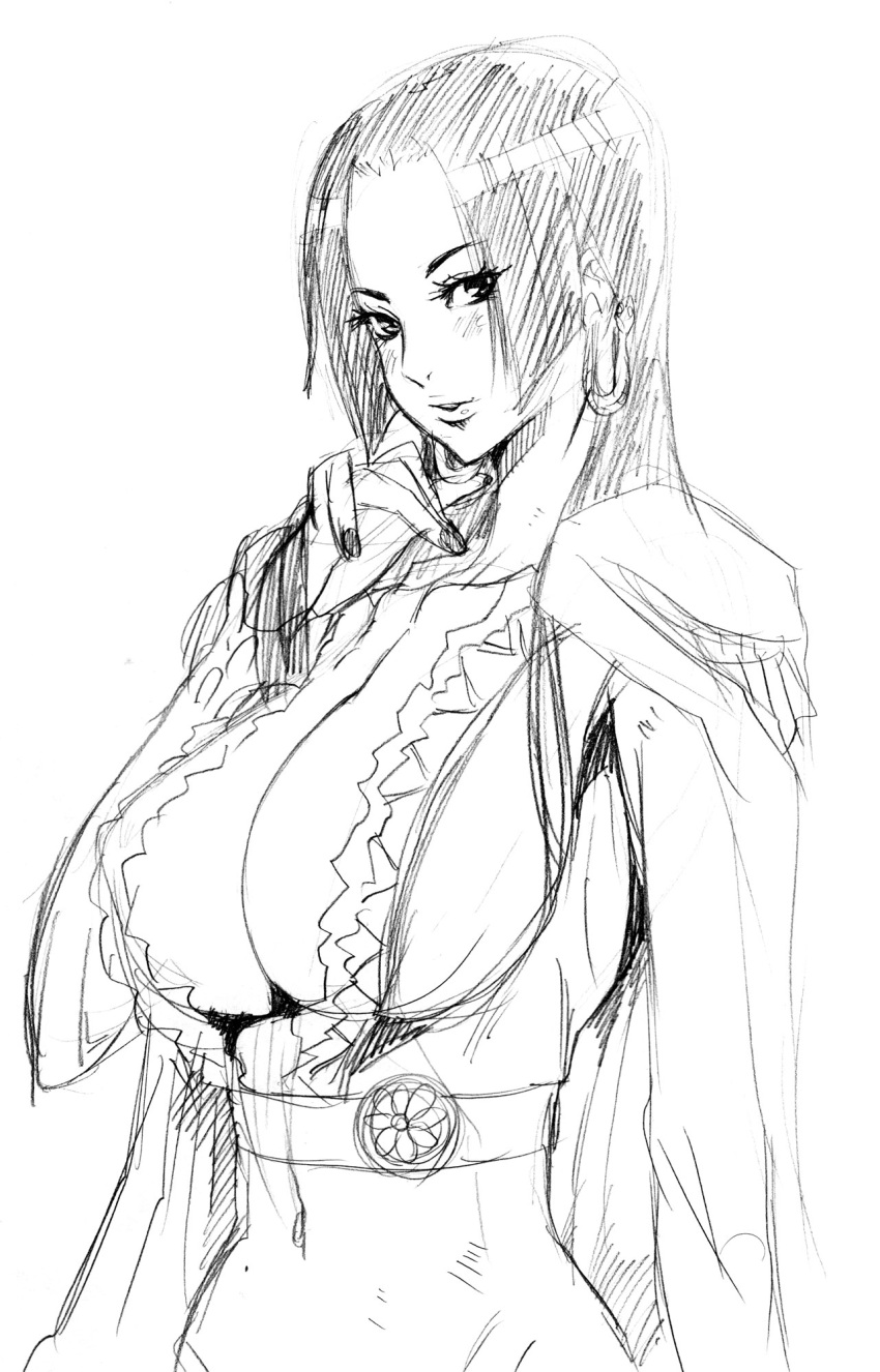 blush boa_hancock breasts cleavage highres huge_breasts large_breasts lips long_hair monochrome one_piece sketch solo toryuu