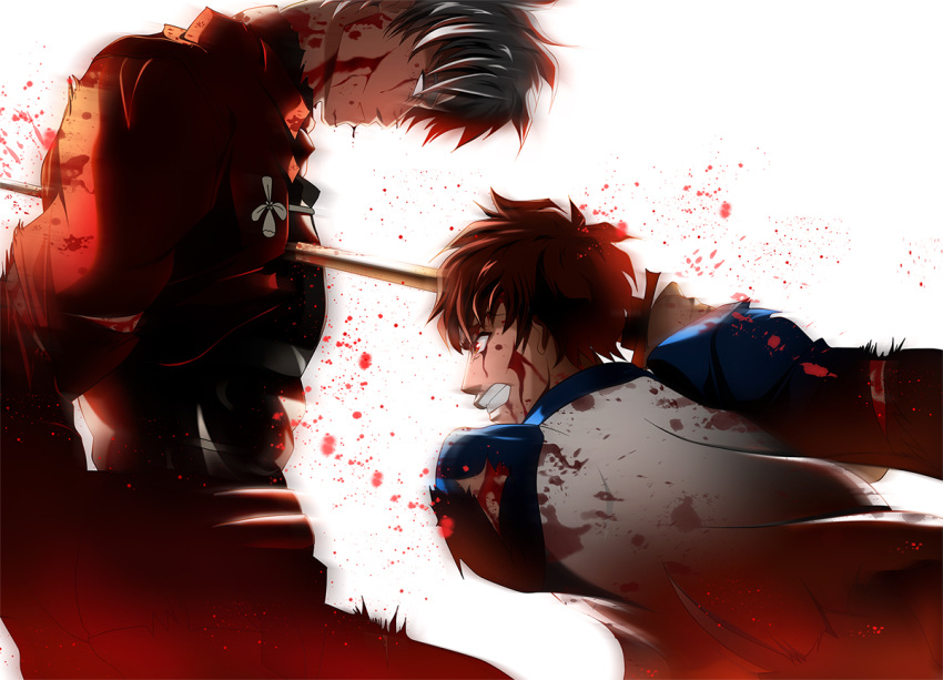 archer blood blood_on_face brown_hair emiya_shirou fate/stay_night fate_(series) injury male multiple_boys raglan_sleeves red_eyes skyt2 stabbing sword violence weapon white_background white_hair