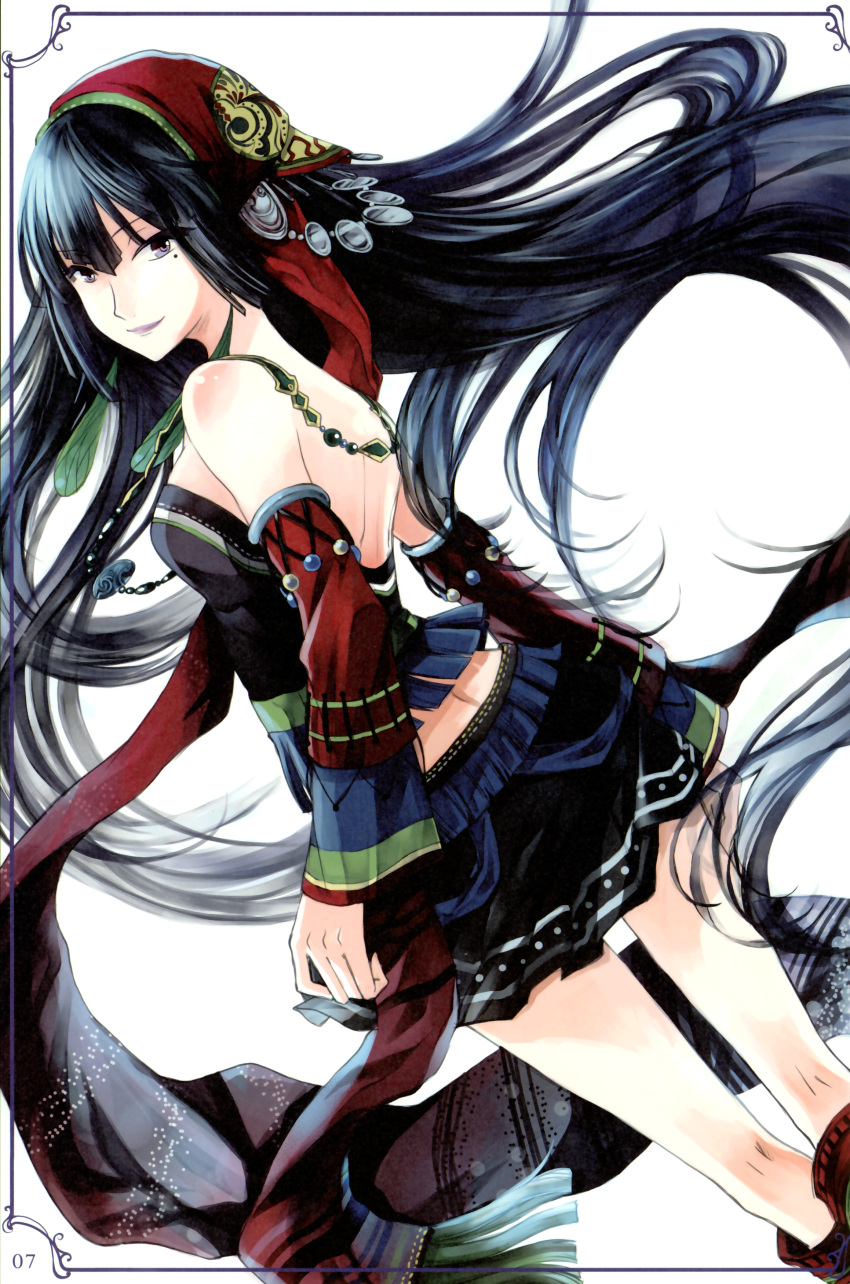 artist_request bare_shoulders black_hair detached_sleeves highres long_hair looking_back mole very_long_hair