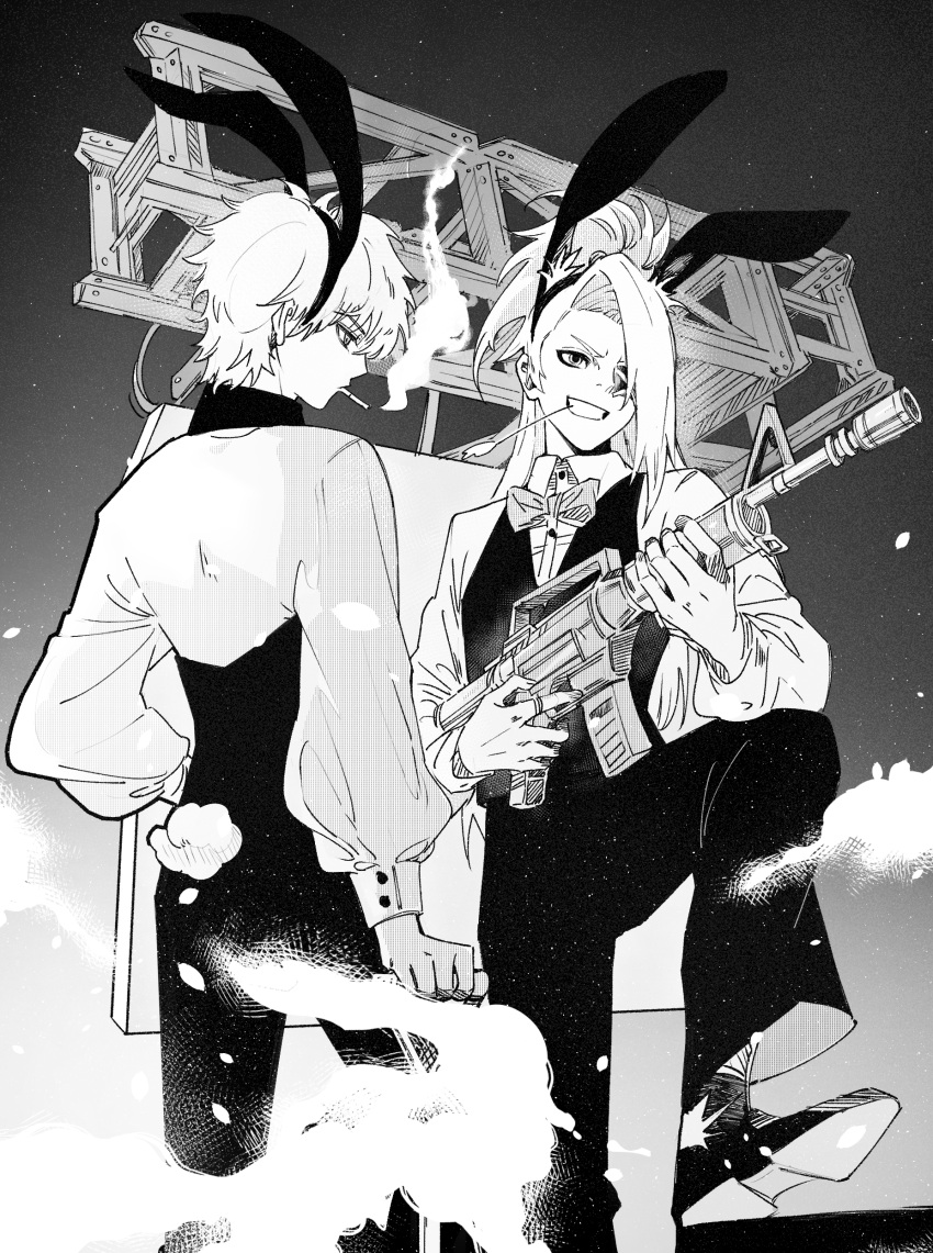 2boys absurdres animal_ears asymmetrical_bangs bad_source cigarette collared_shirt deidara_(naruto) dixieyyds dress_shoes evil_grin evil_smile eyepatch formal_clothes grin gun hairband high_ponytail highres holding holding_gun holding_weapon jewelry light_particles long_hair long_sleeves looking_to_the_side male_focus monochrome multiple_boys naruto_(series) naruto_shippuuden pants ponytail puffy_long_sleeves puffy_sleeves rabbit_ears rabbit_tail ring sasori_(naruto) shirt shoes short_hair sketch smile smoke smoking suit tail vest weapon