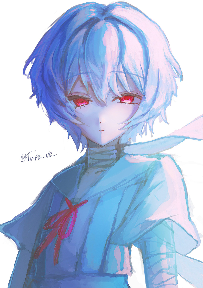 1girl absurdres artist_name ayanami_rei bandaged_arm bandaged_neck bandages blue_hair commentary dot_nose expressionless highres looking_at_viewer making-of_available neck_ribbon neon_genesis_evangelion parted_lips pixie_cut red_eyes red_ribbon ribbon school_uniform short_hair short_sleeves simple_background solo summer_uniform takave tokyo-3_middle_school_uniform twitter_username upper_body very_short_hair white_background white_hair