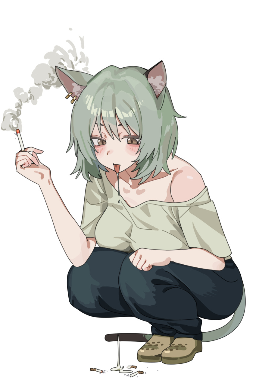 1girl absurdres animal_ear_fluff animal_ears blush breasts brown_sandals cat_ears cat_girl cat_tail cigarette cigarette_butt collarbone commentary_request crop_top earrings freeman_(tkuh4475) grey_eyes grey_hair grey_shirt hair_between_eyes hair_intakes hand_up highres holding holding_cigarette jewelry large_breasts multiple_earrings no_bra saliva saliva_trail sandals satou_yaniko shirt short_hair simple_background single_off_shoulder smile solo spitting tail tongue tongue_out white_background yani_neko
