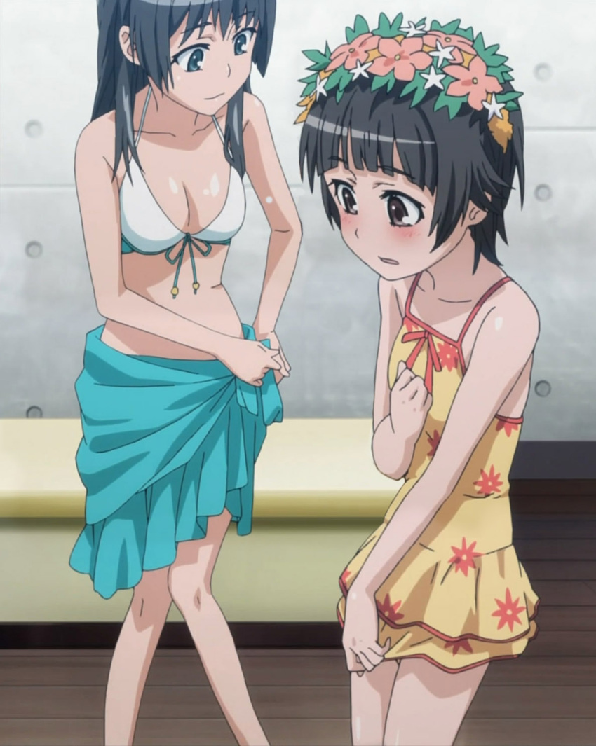 2girls bikini black_hair breasts brown_eyes cap flower front-tie_top green_eyes hair_flower hair_ornament head_wreath sarong saten_ruiko short_hair stitched swimsuit to_aru_kagaku_no_railgun to_aru_majutsu_no_index uiharu_kazari