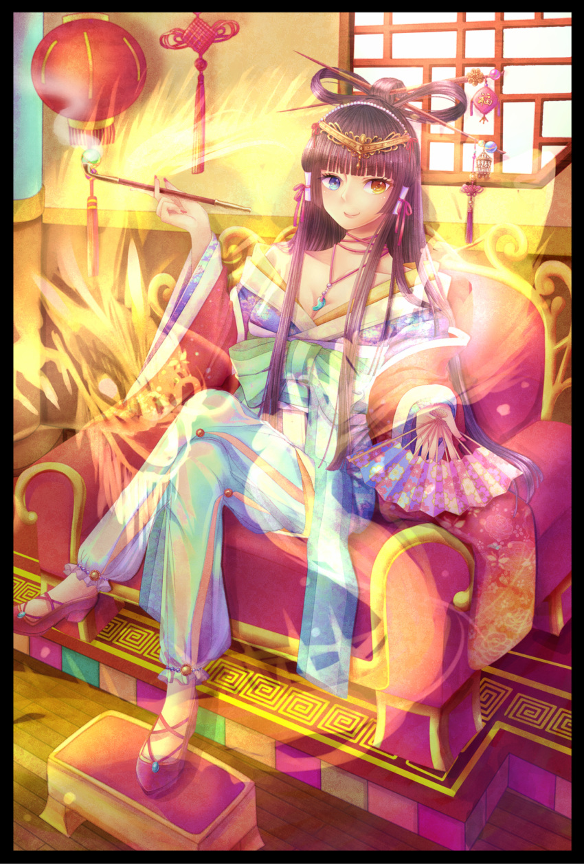 breasts cleavage crossed_legs dragon fan footstool hair_rings hair_stick heterochromia hibaarborvitae highres jewelry kiseru long_hair magatama necklace off_shoulder original pants pendant pipe purple_hair sash shirt sitting smile solo throne tiara window