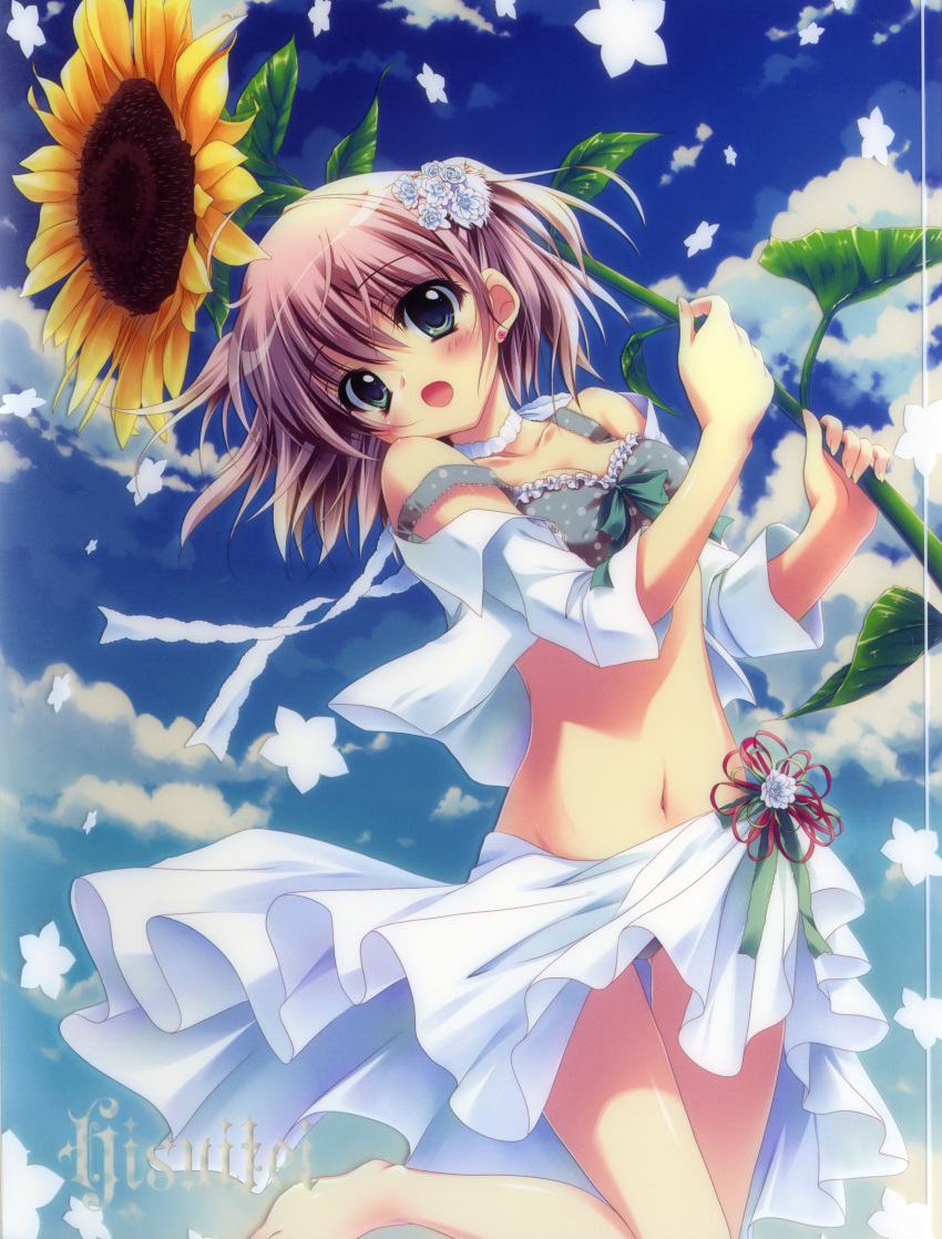 :o absurdres bare_shoulders barefoot bikini blush bow breasts brown_hair character_request cloud collarbone copyright_request earrings flower green_eyes hair_flower hair_ornament highres holding izumi_tsubasu jewelry looking_at_viewer mound_of_venus navel open_clothes open_mouth open_shirt polka_dot polka_dot_bikini polka_dot_swimsuit purple_hair sarong shiny shiny_skin shirt short_hair sky solo standing_on_one_leg strap_slip sunflower swimsuit thigh_gap wind