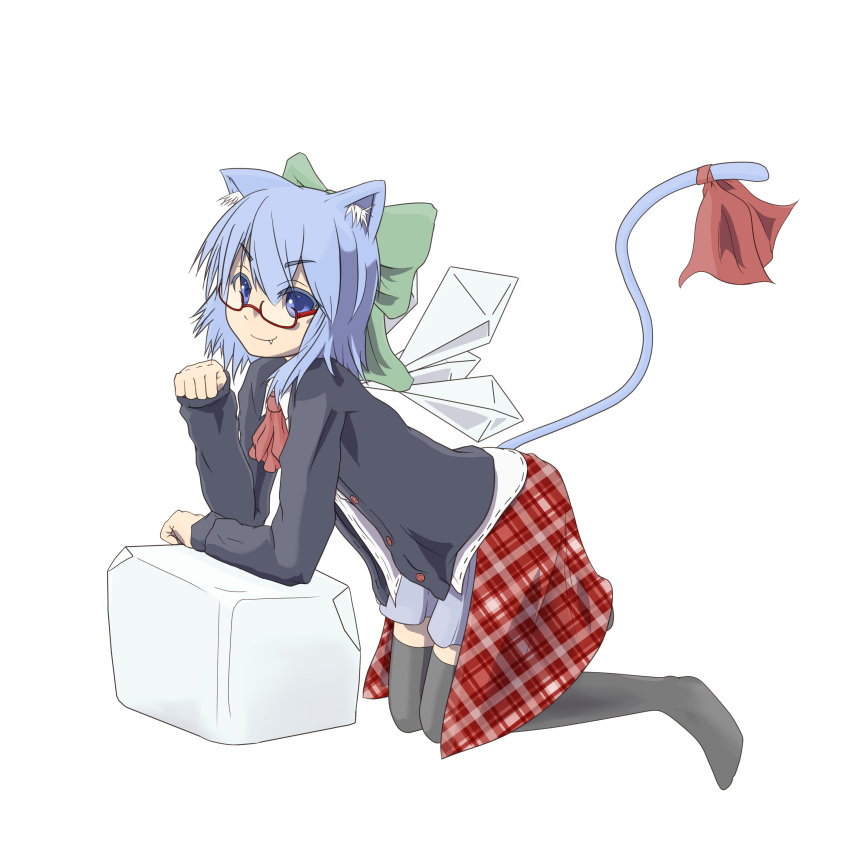 absurdres animal_ears bespectacled blue_eyes blue_hair bow cat_ears cat_tail cirno fang glasses hair_bow highres nogisaka_kushio nogizaka_kushio skirt smile solo tail thigh-highs thighhighs touhou vector_trace