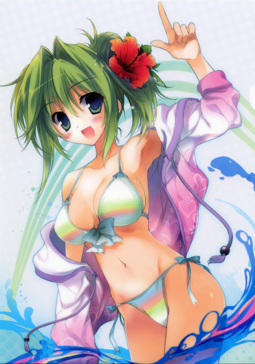 :d absurdres armpits bare_shoulders bikini blush breasts finger_gun flower front-tie_top green_eyes green_hair hair_between_eyes hair_flower hair_ornament hibiscus highres hooded_jacket jacket jacket_over_swimsuit karory multicolored_bikini navel open_clothes open_mouth original pointing pointing_up side-tie_bikini side_ponytail sleeves_rolled_up smile solo strap_gap swimsuit