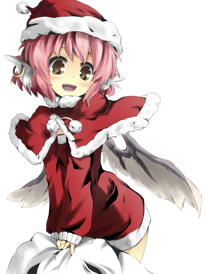 alternate_costume alternate_eye_color animal_ears brown_eyes capelet dress earrings fang hat highres jewelry leaning_forward long_sleeves md5_mismatch mystia_lorelei open_mouth pink_hair red_dress sack santa_costume santa_hat short_hair simple_background smile solo touhou urimono white_background wings