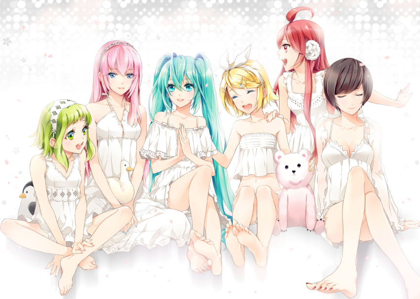 ahoge aqua_nails bare_legs bare_shoulders barefoot bear bird blonde_hair blue_eyes blue_hair bonnet breasts brown_hair camisole chemise closed_eyes cocoon cocoon_(loveririn) crossed_legs dress duck earmuffs eyes_closed feet flower green_eyes green_hair gumi hair_flower hair_ornament hair_ribbon hairband hairclip hatsune_miku kagamine_rin legs_crossed megurine_luka meiko miki miki_(vocaloid) multiple_girls nail_polish open_mouth penguin petals pink_hair red_eyes red_hair red_nails redhead ribbon sf-a2_miki sitting soles stuffed_animal stuffed_toy toenail_polish toes twintails vocaloid white_dress