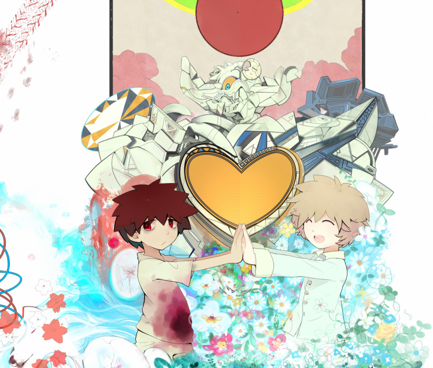 bags_under_eyes blood bloody_clothes brown_hair closed_eyes eyes_closed flower heart mecha mononoke_(empty) monster multiple_boys open_mouth original palms_together red_eyes teeth tire_track