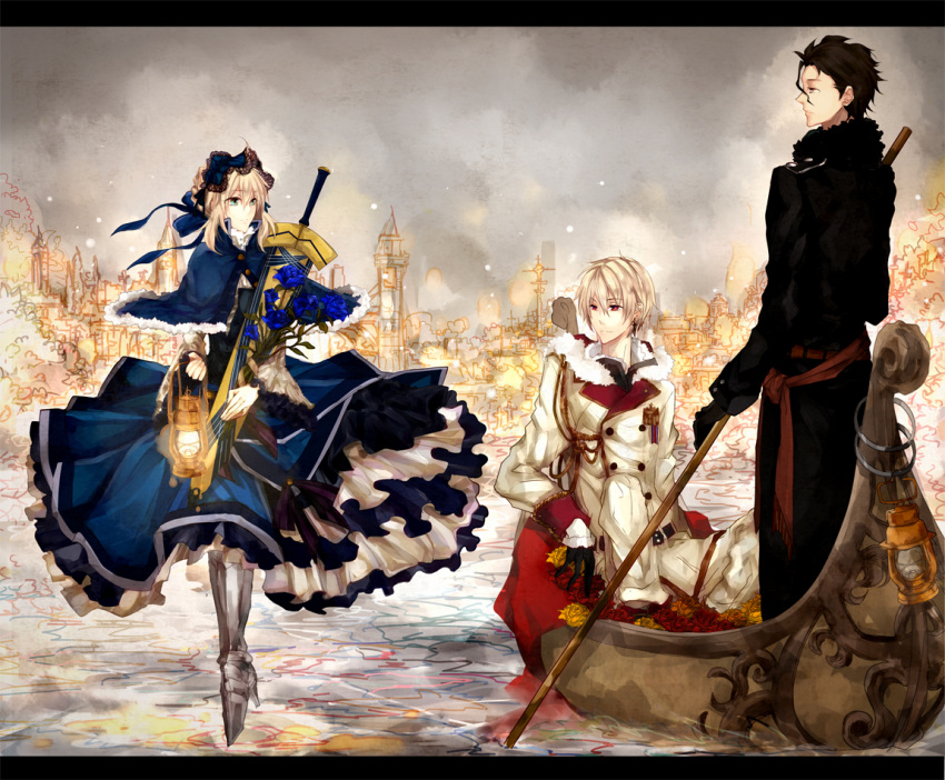 2boys 9tsumura aiguillette alternate_costume avalon_(fate/stay_night) badge belt black_gloves black_hair blonde_hair blue_dress blue_rose building buttons capelet carrying city coat dress earrings excalibur fate/stay_night fate/zero fate_(series) flower flower_bed frilled_skirt frilled_sleeves fur_trim gilgamesh gloves gondola greaves green_eyes hair_bun hair_ribbon headdress hug jewelry kerosene_lamp lancer_(fate/zero) letterboxed long_sleeves looking_at_another male military military_uniform multiple_boys paddle pants red_eyes red_rose ribbon rose saber sash sheath sheathed short_hair sitting sky smile standing sword tree uniform water weapon wide_sleeves yellow_eyes yellow_rose