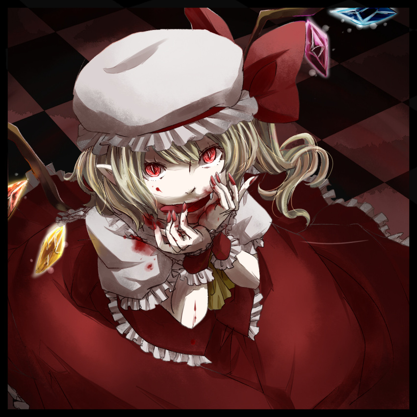 ascot bad_id blonde_hair blood blush checkered checkered_floor fangs flandre_scarlet hat highres meso open_mouth red_eyes short_hair side_ponytail sitting skirt solo the_embodiment_of_scarlet_devil tongue tongue_out touhou wings wrist_cuffs