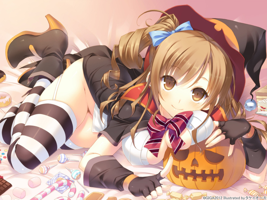 bow brown_eyes brown_hair food gloves halloween hotch_kiss nopan witch