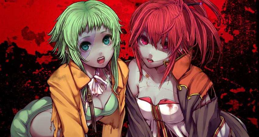 breasts cleavage cul fangs green_eyes green_hair grey_skin gumi jacket long_hair megpoid_(vocaloid3) messy_hair multiple_girls open_mouth ponytail red_eyes red_hair redhead scar short_hair stitches torn_clothes uprightleftdownchuchuchu vocaloid zombie